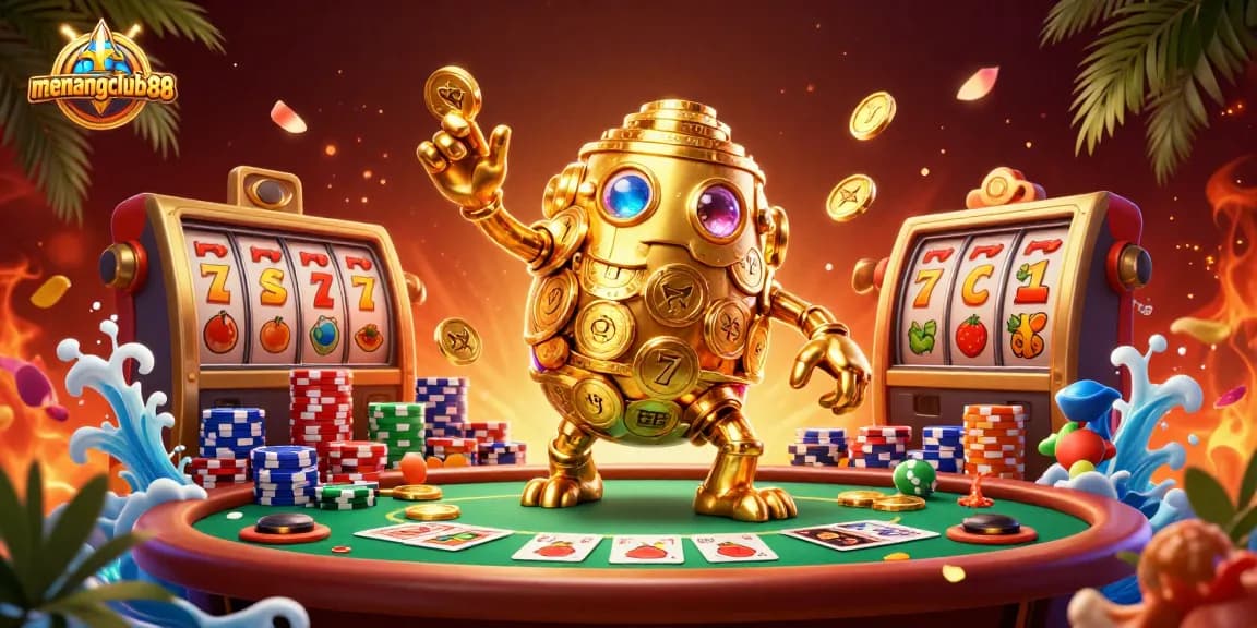 Experience winnings at menangclub88 with a vibrant 3D casino scene filled with dynamic slots and poker elements.