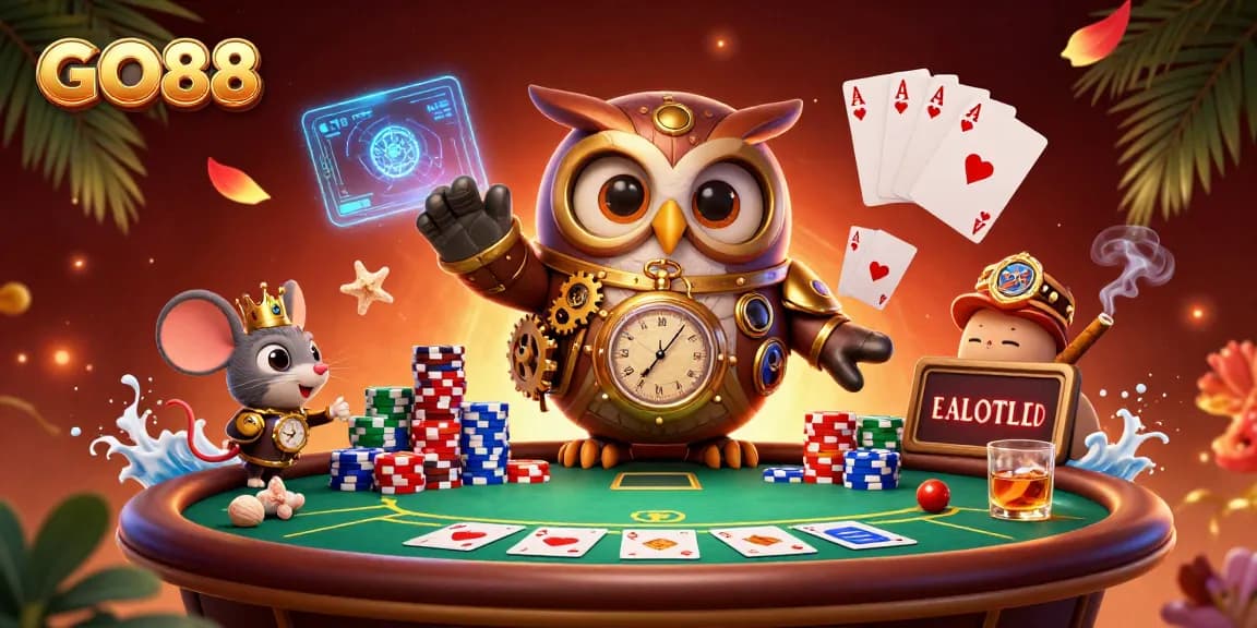 Experience winning at GO88 with a vibrant 3D cartoon casino scene packed with poker action.