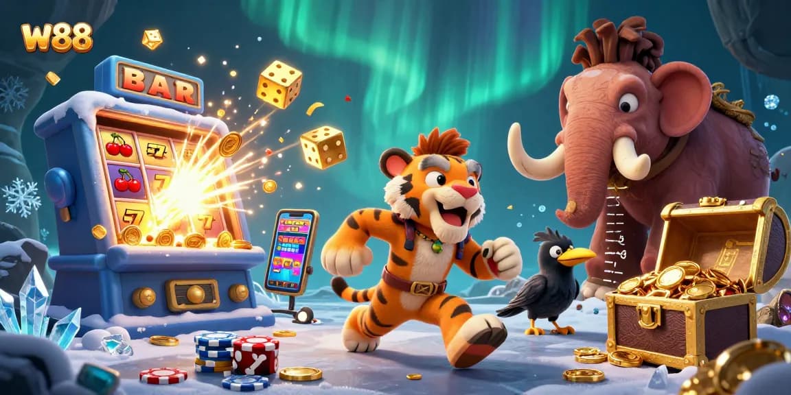 Play exciting games at w88 with a vibrant casino scene featuring dynamic characters and thrilling elements.