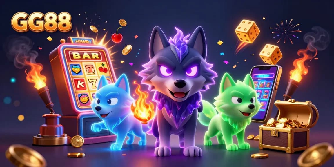 Experience the excitement of GG88 with a dynamic casino scene bursting with jackpots and vibrant energy.