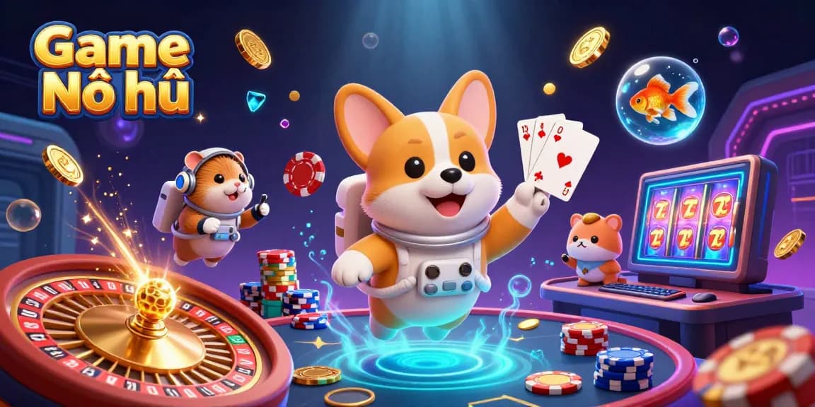Play Game Nổ hũ among colorful slot reels and golden coins in a futuristic casino.