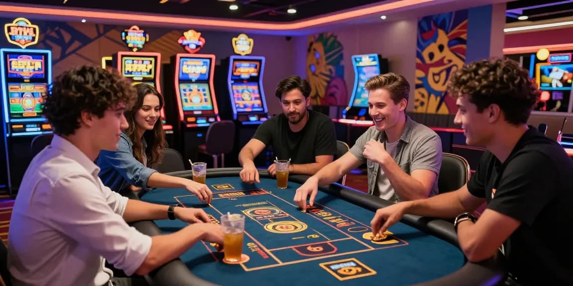 Friends enjoying a lively bandar slot game experience at a casino, showcasing excitement and social interaction.