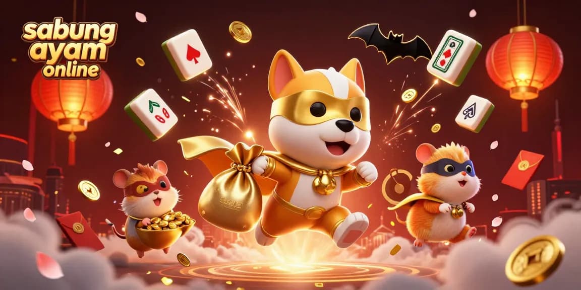 Experience the thrill of sabung ayam online with our dynamic illustration showcasing a superhero dog and hamster amidst a festive casino scene.