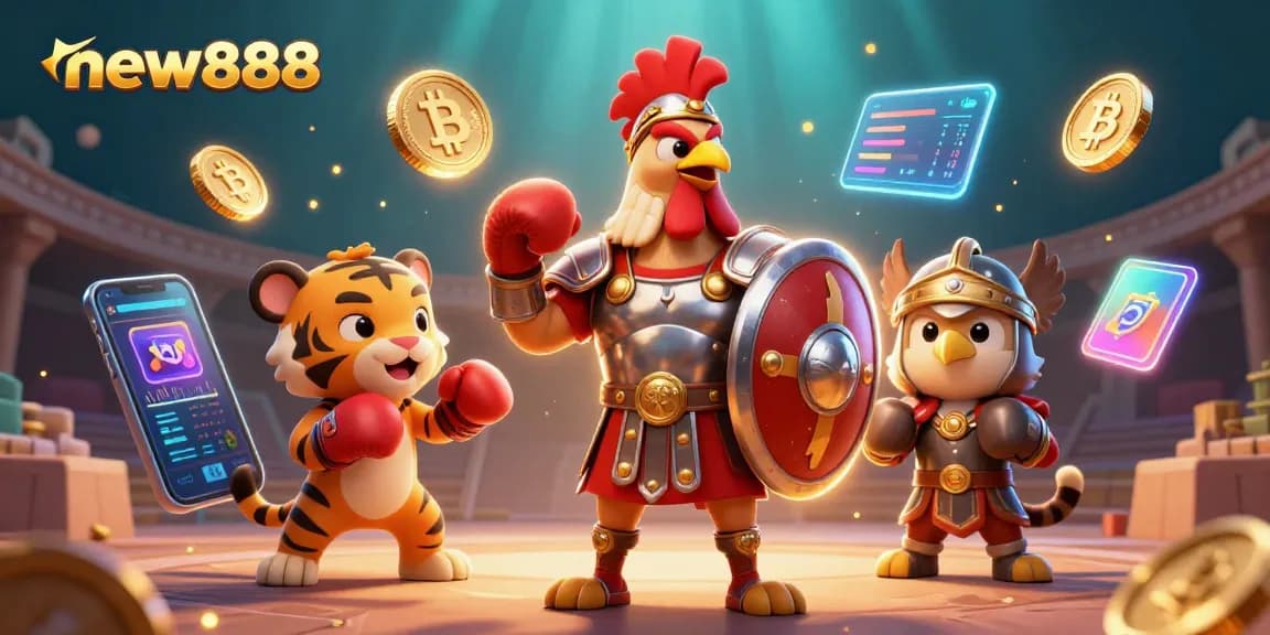 Engage with new888 as a thrilling gladiator rooster meets sparring tiger cub in a packed casino arena.