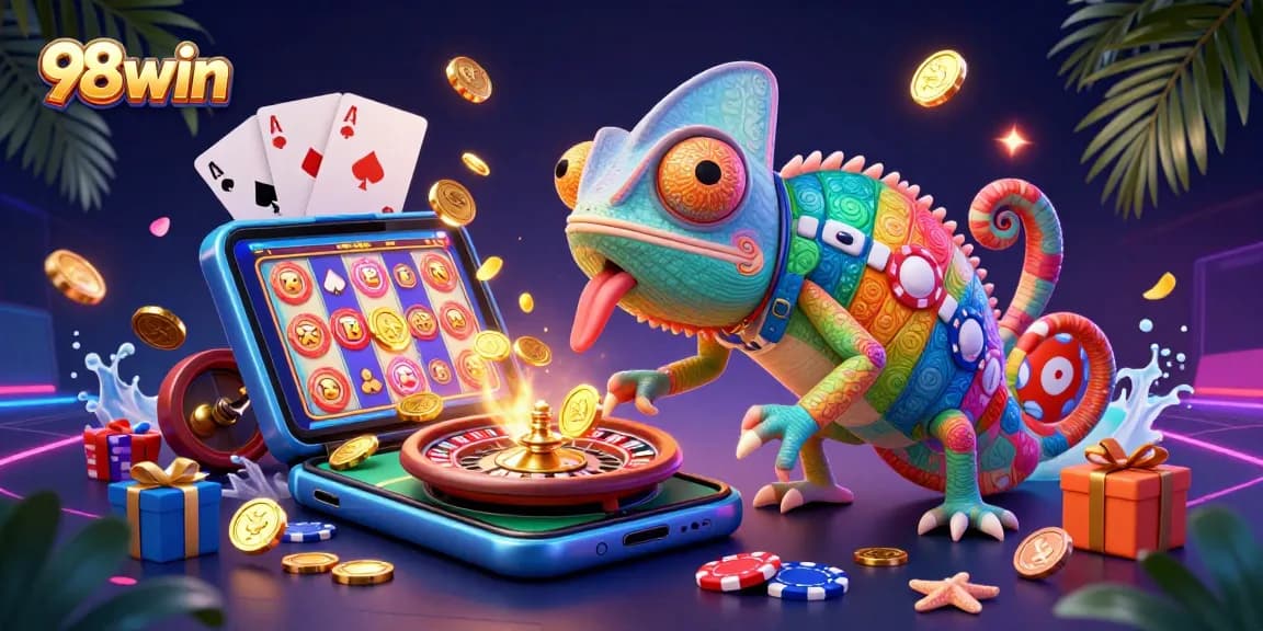 Experience engaging gameplay with 98win’s vibrant casino illustration, showcasing dynamic elements and inviting atmosphere.