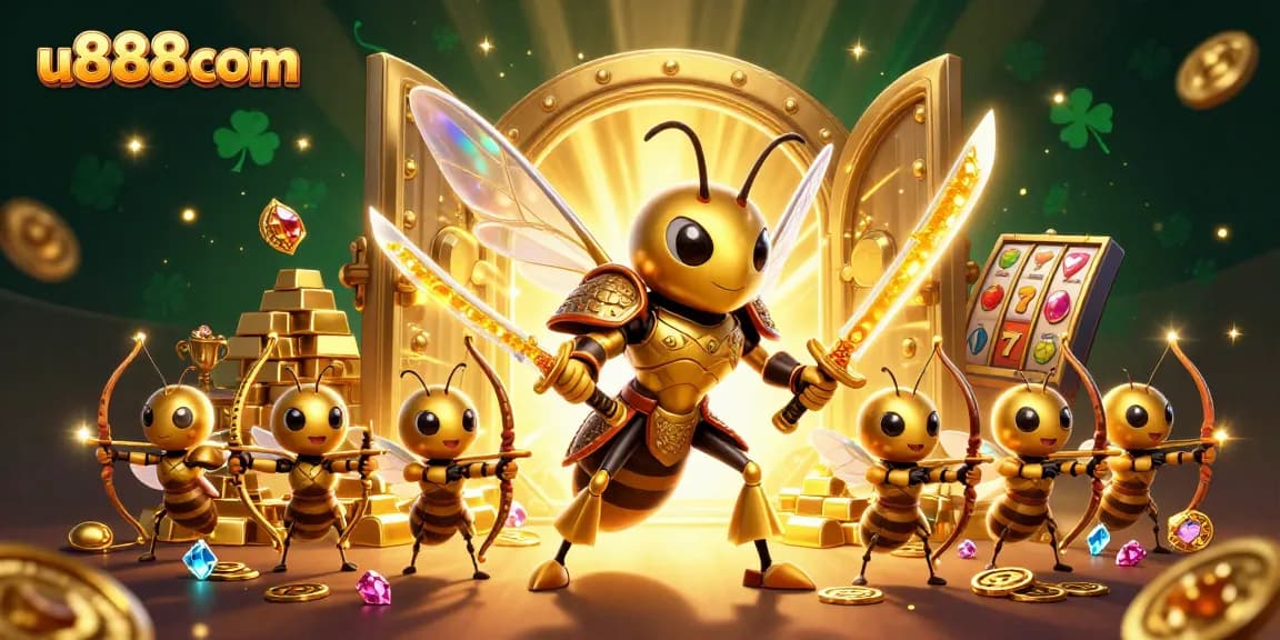 Experience excitement at u888com with a lively 3D casino illustration featuring a golden hornet and vibrant slot elements.