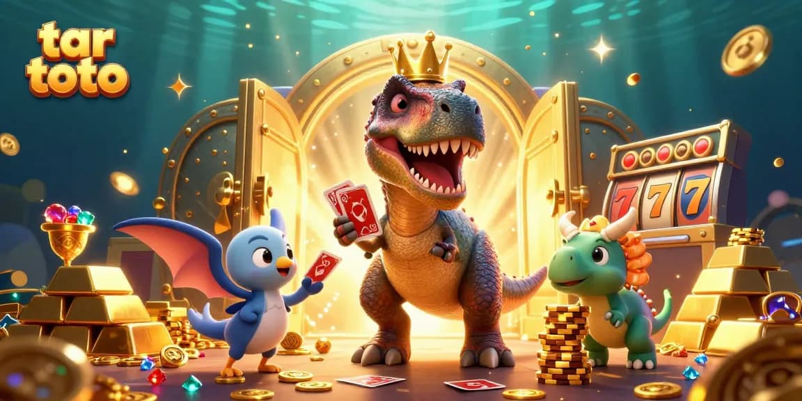 Experience the thrill of tar toto as friendly dinosaurs shuffle cards and stack chips in a vibrant casino.