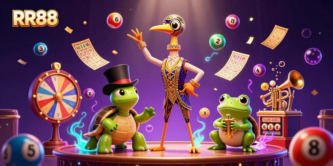RR88 generates excitement with vibrant colors and lively characters at a dynamic gambling scene.