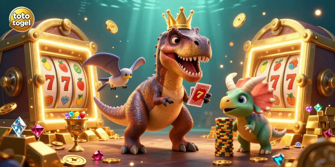 Toto togel scene with a friendly T-Rex shuffling cards and a baby triceratops stacking chips, surrounded by gold coins and gaming elements.