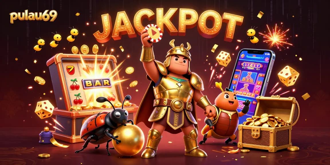 Join the exciting pulau69 slots action with a victorious beetle in golden armor amidst a jackpot explosion.