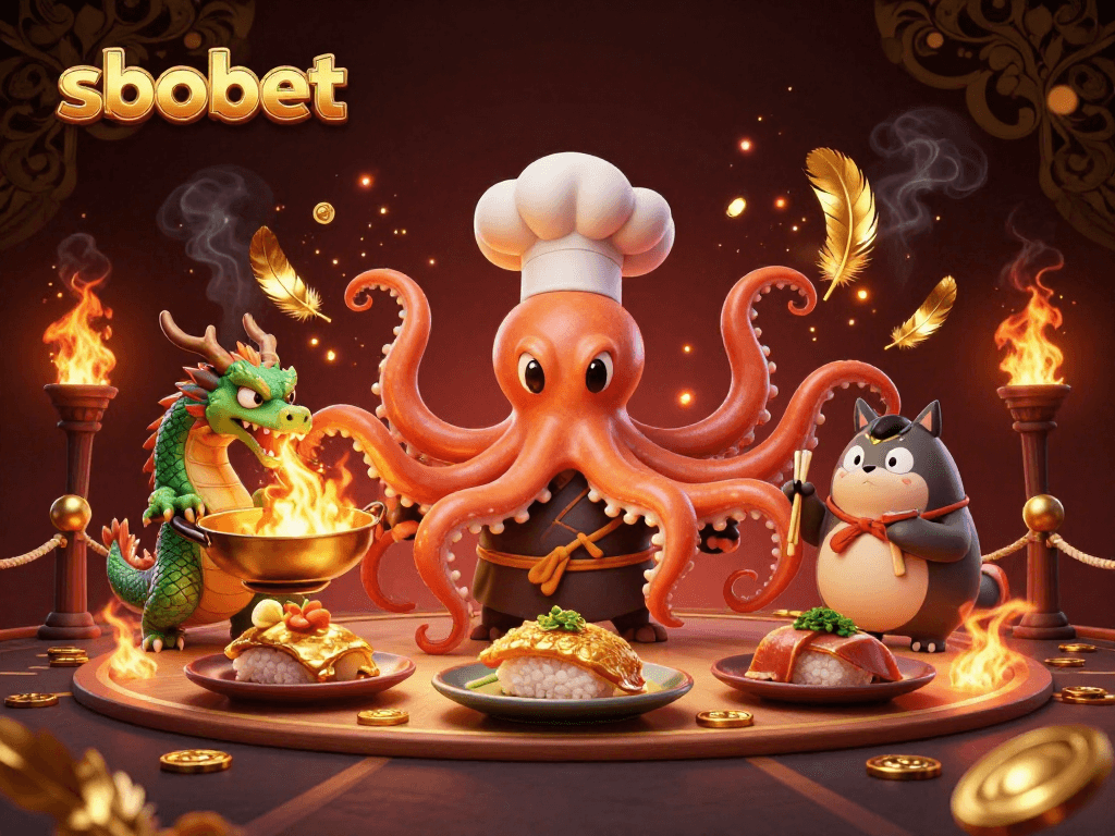 Experience sbobet betting action through vibrant animations, featuring a sushi chef octopus and dynamic characters.