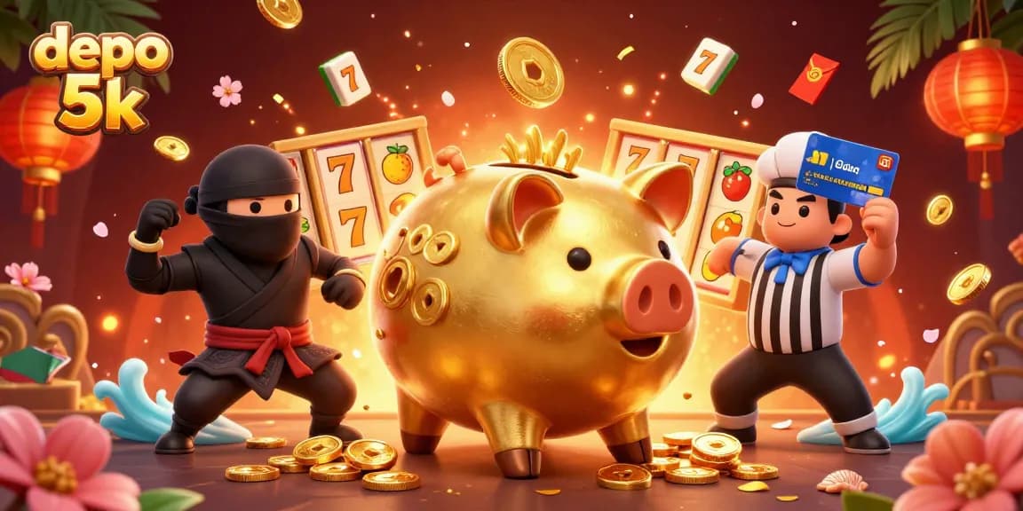 Engage with the excitement of depo 5k in this vibrant 3D casino scene, showcasing a sumo piggy bank amidst dynamic gambling elements.