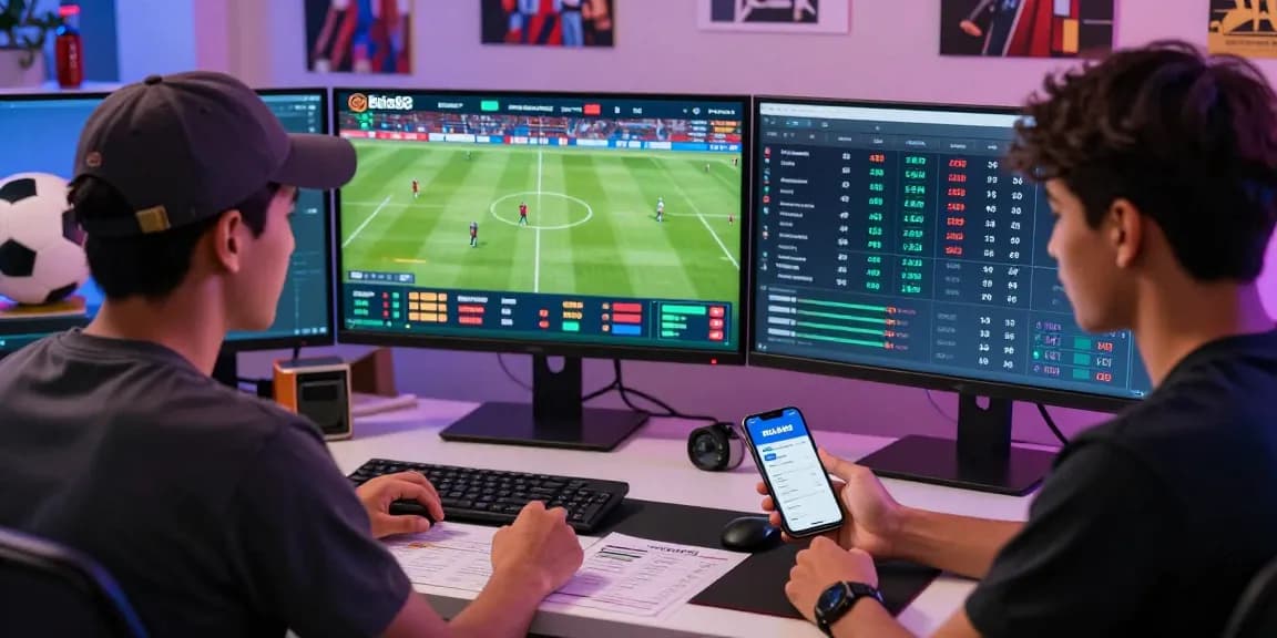 Exciting dynamic scene of a bettor engaging in Taruhan Mix Parlay Bola88 with live match analytics displayed.