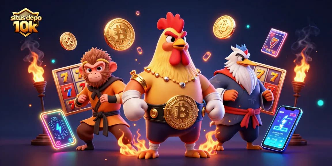 Situs depo 10k showcases players spinning slot machines for big wins in an energetic casino scene.