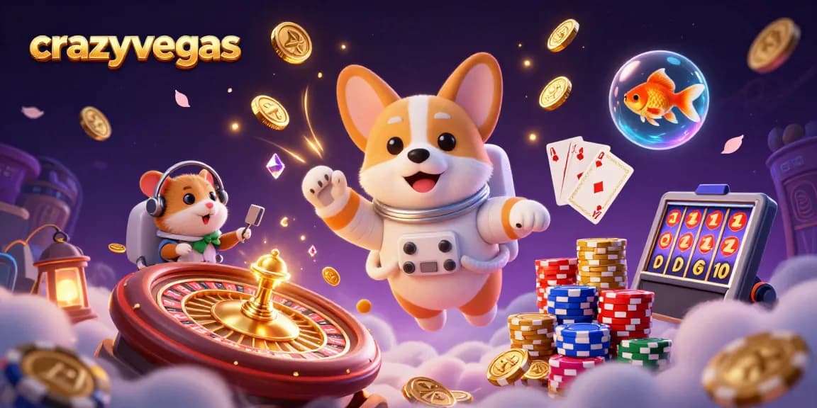 Experience vibrant casino action in the crazyvegas space scene with a floating corgi and shimmering coins.