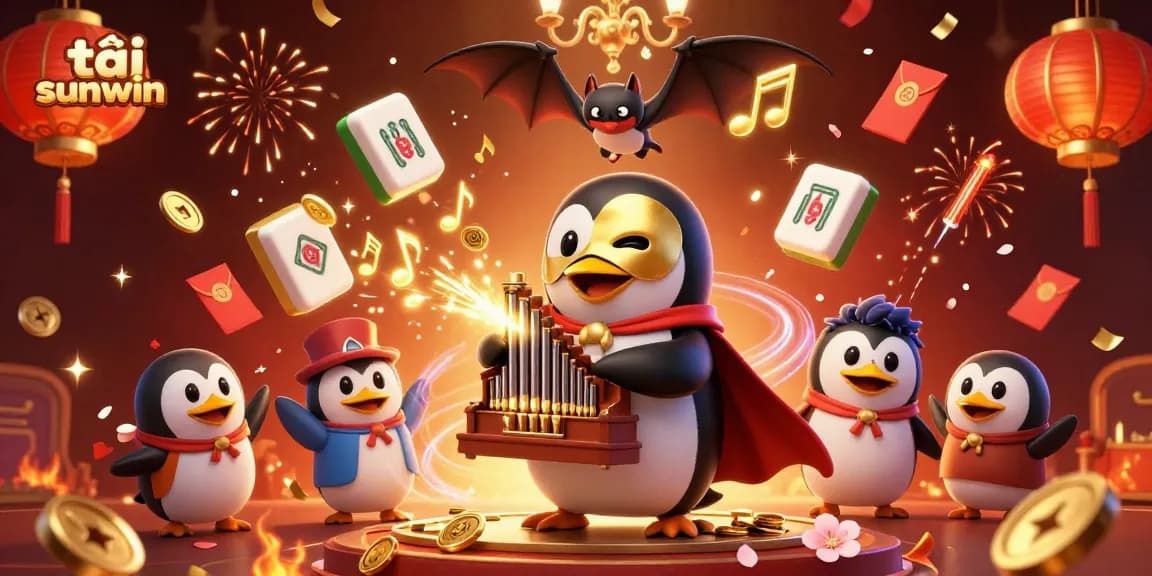 Play and win big at tải sunwin with a vibrant casino-themed illustration featuring a penguin organist.