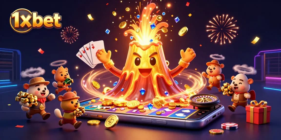 Experience the thrill of 1x bet with a golden volcano erupting treasure in this vibrant illustration.