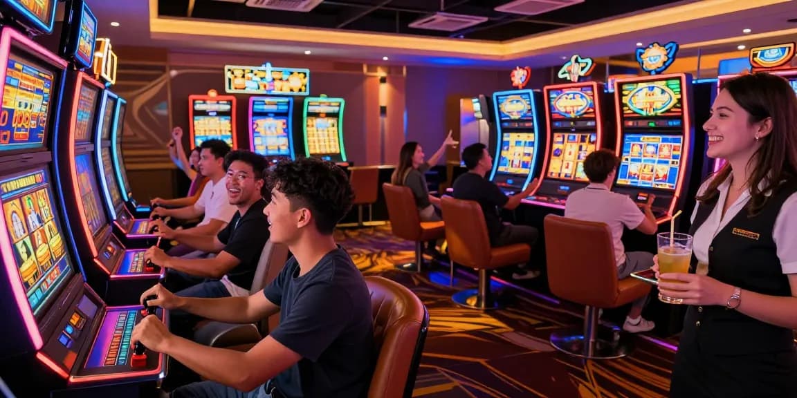 Players enjoying the thrilling experience of SLOT ONLINE games in a vibrant casino setting.