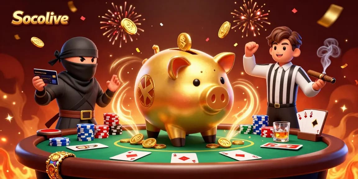 Socolive showcases a lively 3D scene with a golden piggy bank wrestler, engaging in dynamic action amidst poker elements.