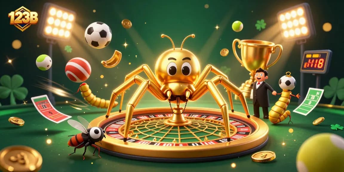 Experience thrilling bets at 123B with vibrant sports and casino elements in a dynamic, eye-catching scene.