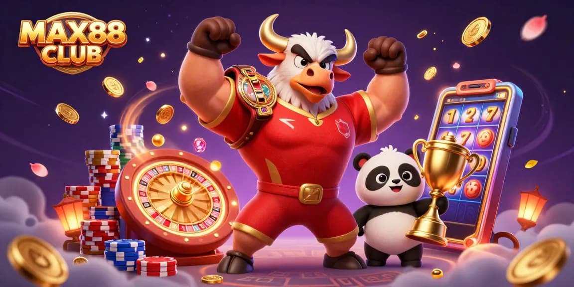 Engage with MAX88 CLUB through vibrant 3D illustration showcasing exciting casino elements and characters.