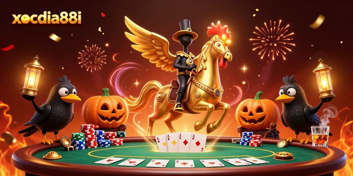 Xocdia88i's golden rooster headless horseman in a lively casino, showcasing winning poker hands and vibrant decorations.
