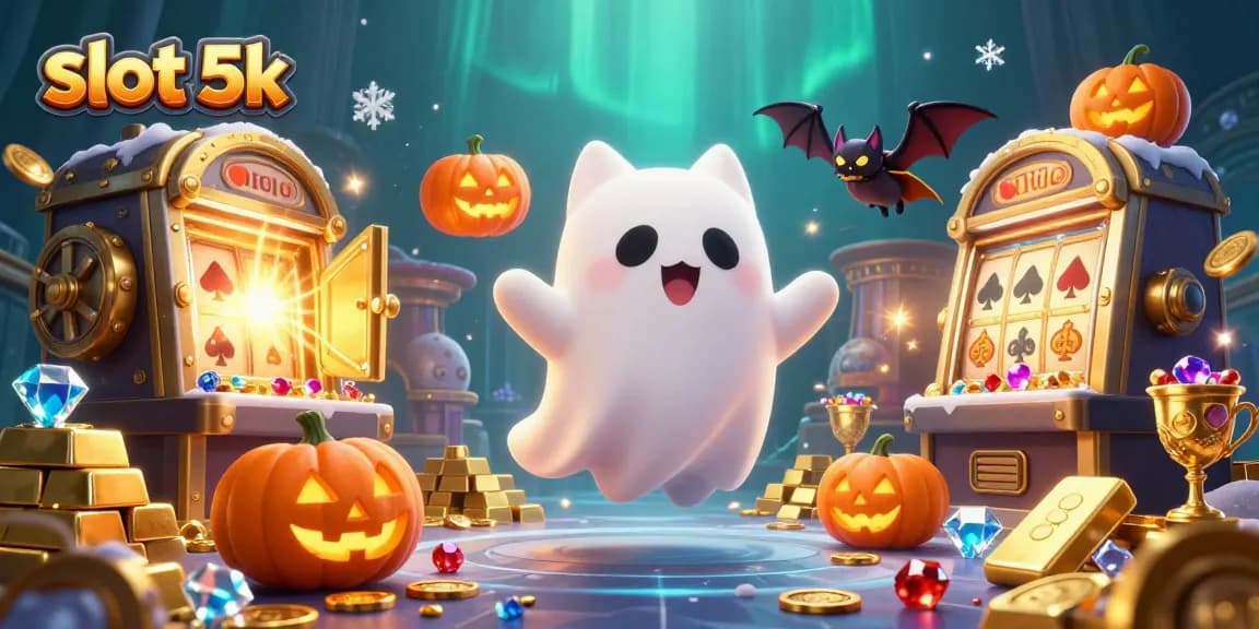 Experience the thrill of slot 5k with vibrant ghost cat, bat companion, and jackpot treasures glowing.