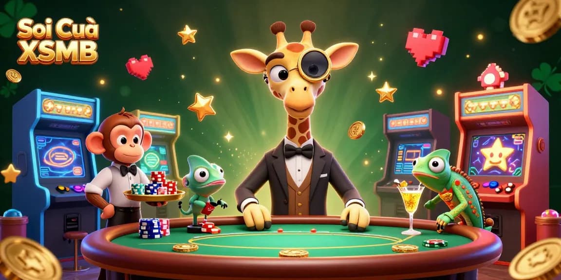 Engage in Soi Cầu XSMB with a vibrant 3D illustration of a giraffe, monkey, and chameleon full of action.