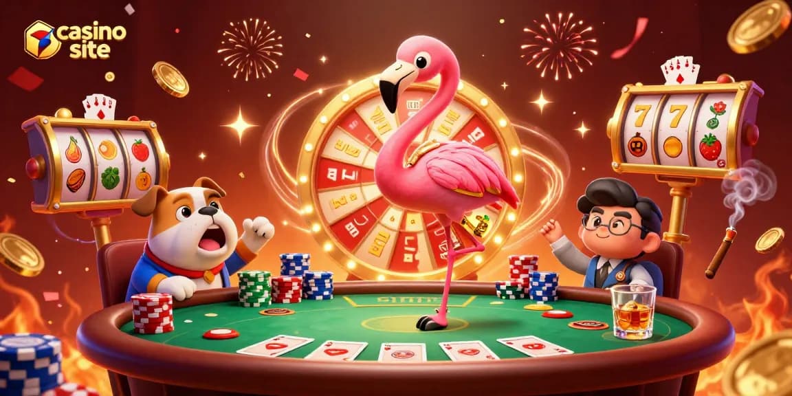 Engage with the dynamic casino site action as a vibrant flamingo spins a prize wheel amid festive gaming elements.