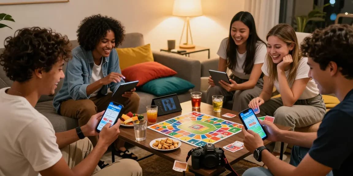 Exciting friends playing Card Rummy on mobile devices, engaging in real-money games at https://cardrummyapp.com.pk/ in a cozy atmosphere