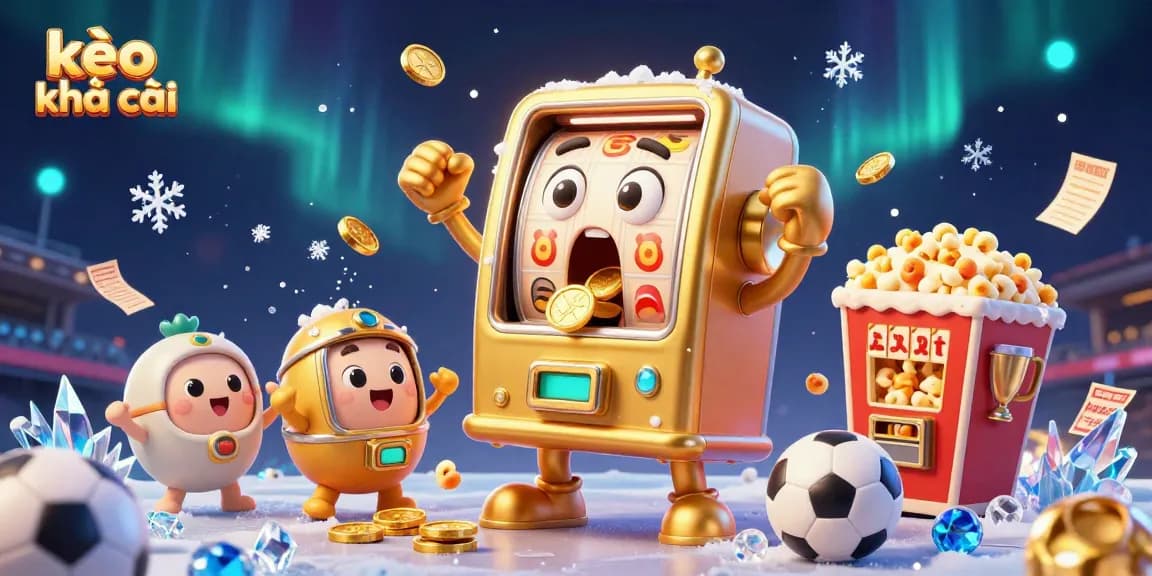 Engaging kèo nhà cái-themed scene showcasing a golden slot machine celebrating its jackpot with cheering baby slot machines.