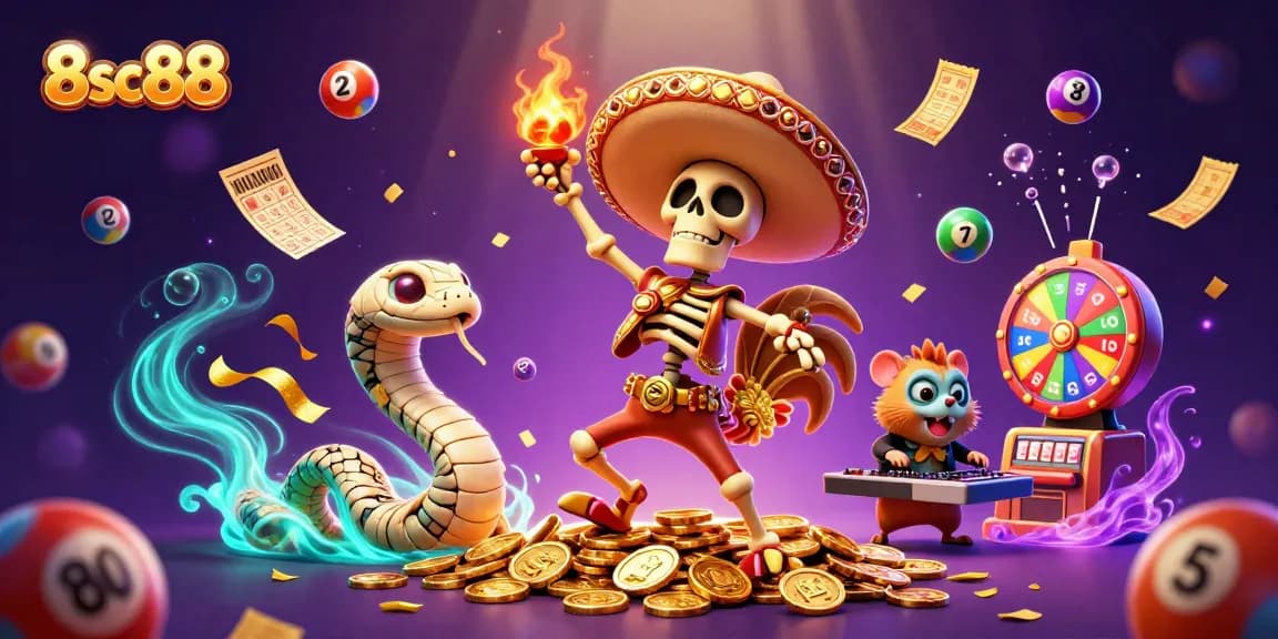 Win big at 8sc88 with a vibrant scene showcasing a mariachi rooster, mummy snake, and zombie DJ amidst colorful gambling elements.