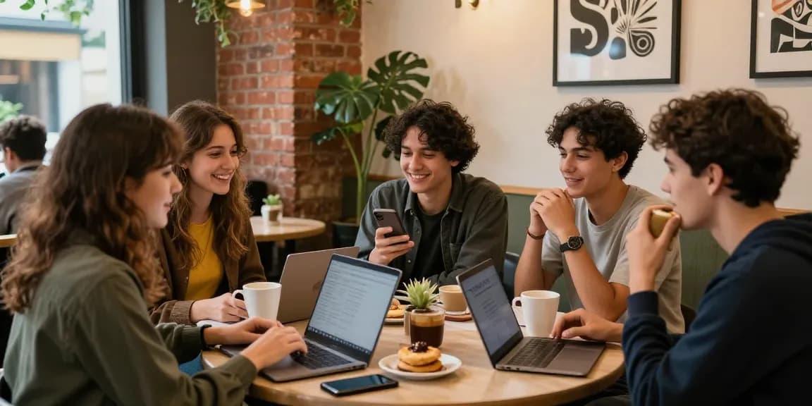 Young adults in cozy café discussing crush on romantic interests with coffee and pastries.