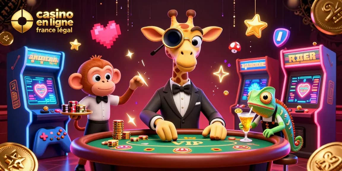 Découvrez l'essence vibrante des casinos en ligne légaux en France avec une girafe animée et des éléments de jeu passionnants.