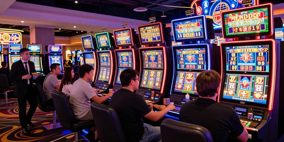 Pengalaman bermain slot gacor di kasino dengan pemain antusias dan mesin penuh warna.