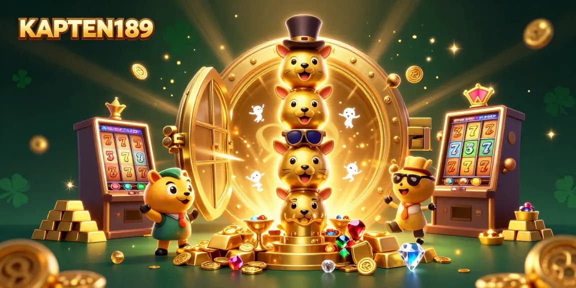 KAPTEN189 menampilkan totem emas 3D dengan elemen slot, mewakili taruhan online yang menarik.