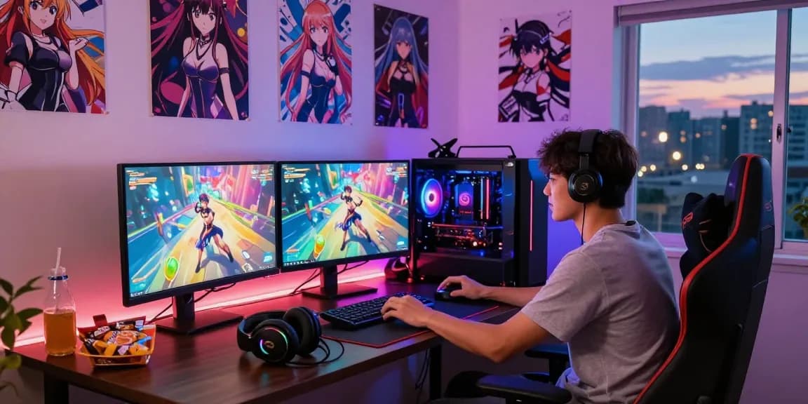 Exciting gaming scene with a gamer playing a hentai game in a cozy room decorated with anime art.