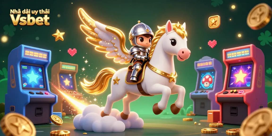 Engage with Nhà cái uy tín Vsbet in this vibrant 3D illustration featuring a majestic white horse and knight.