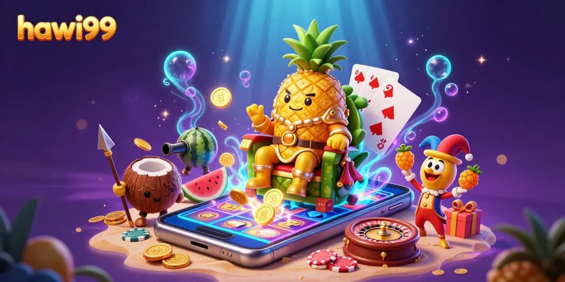 Engage with hawai99's vibrant casino world featuring a golden pineapple king and dynamic game elements.
