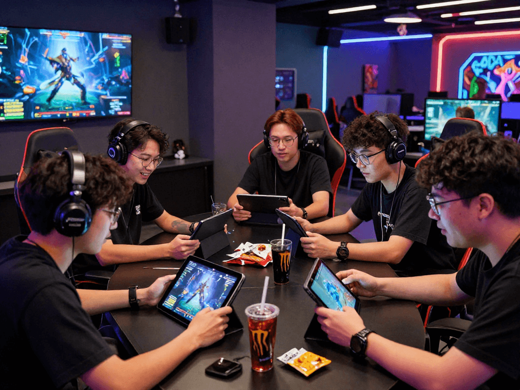 Engaging scene of players enjoying a mind control porn-themed game in a vibrant gaming lounge, showcasing excitement and strategy.