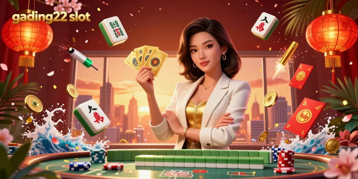 Engage with the gading22 slot experience featuring a luxurious Asian businesswoman amidst vibrant casino elements.