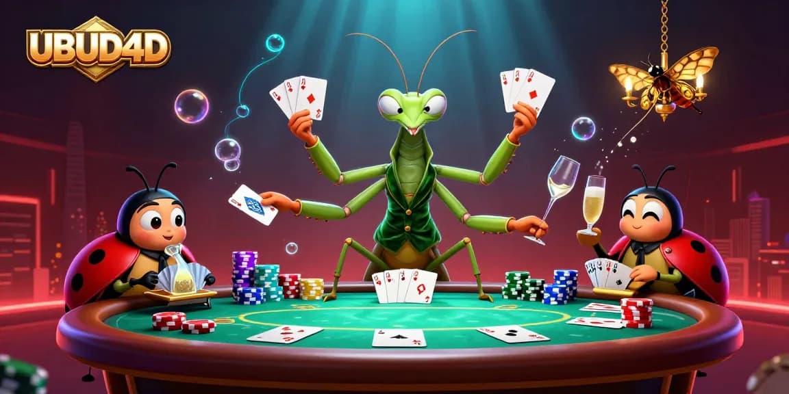 Engage in UBUD4D's thrilling poker scene with lively characters under dramatic lighting.