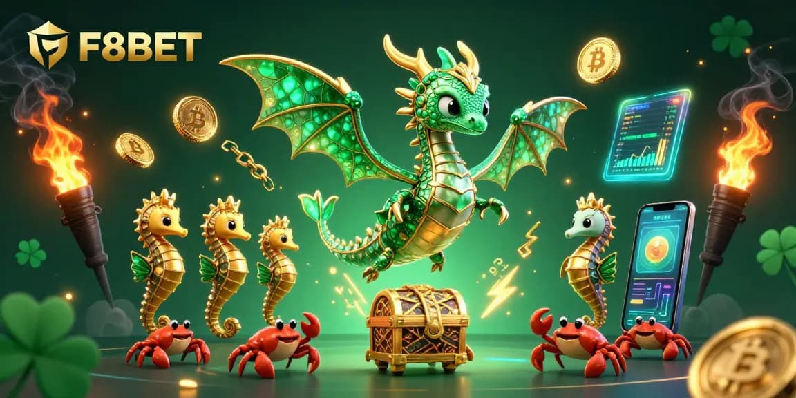 Experience thrilling gameplay with F8BET's colorful sea dragon and treasure chest in a vibrant casino scene.