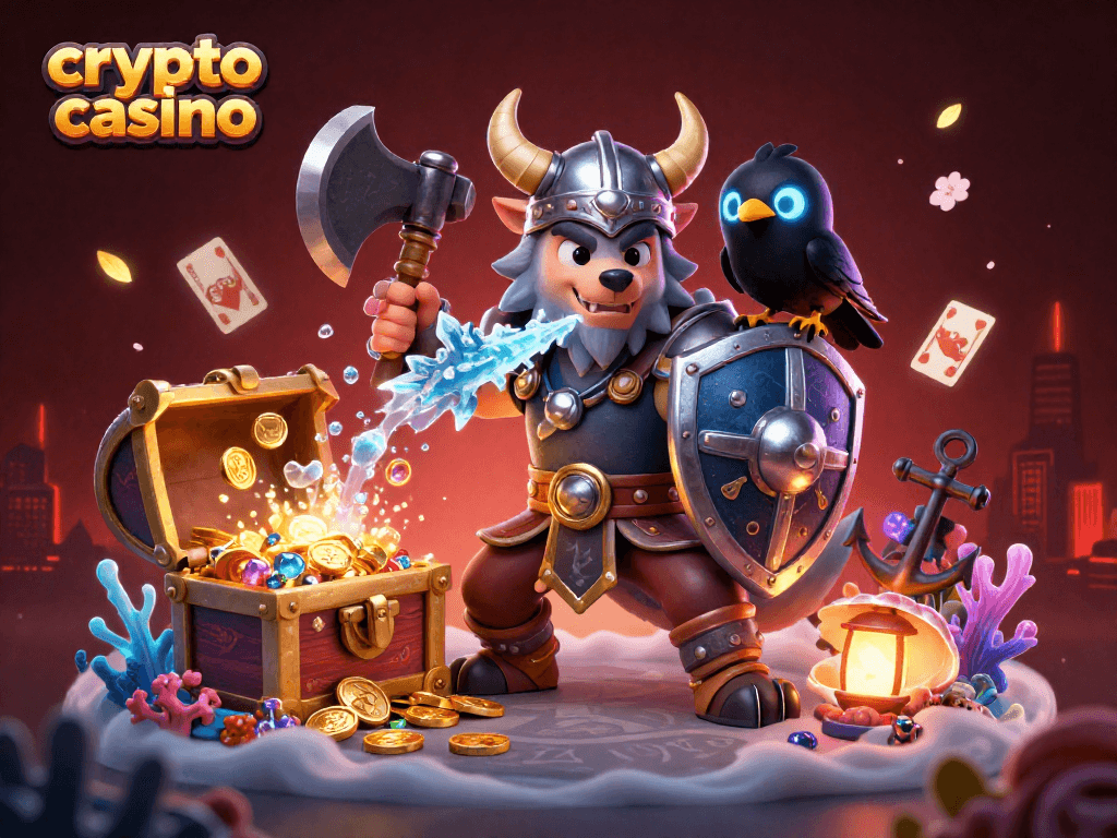 Engage with a dynamic crypto casino scene featuring vibrant characters, gold coins, and action-filled elements.