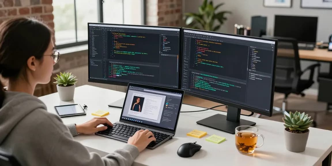 Coding workspace with a developer focused on dual monitors and a laptop, showcasing a collaborative slot application design.
