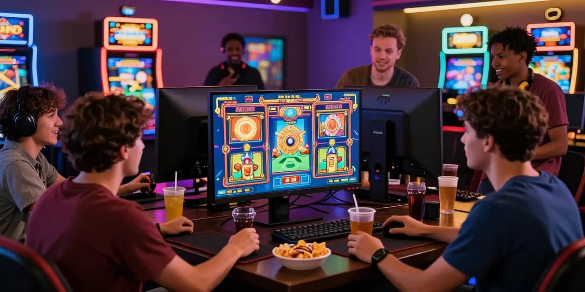 Exciting demo slot gaming scene with friends enjoying a virtual casino experience.