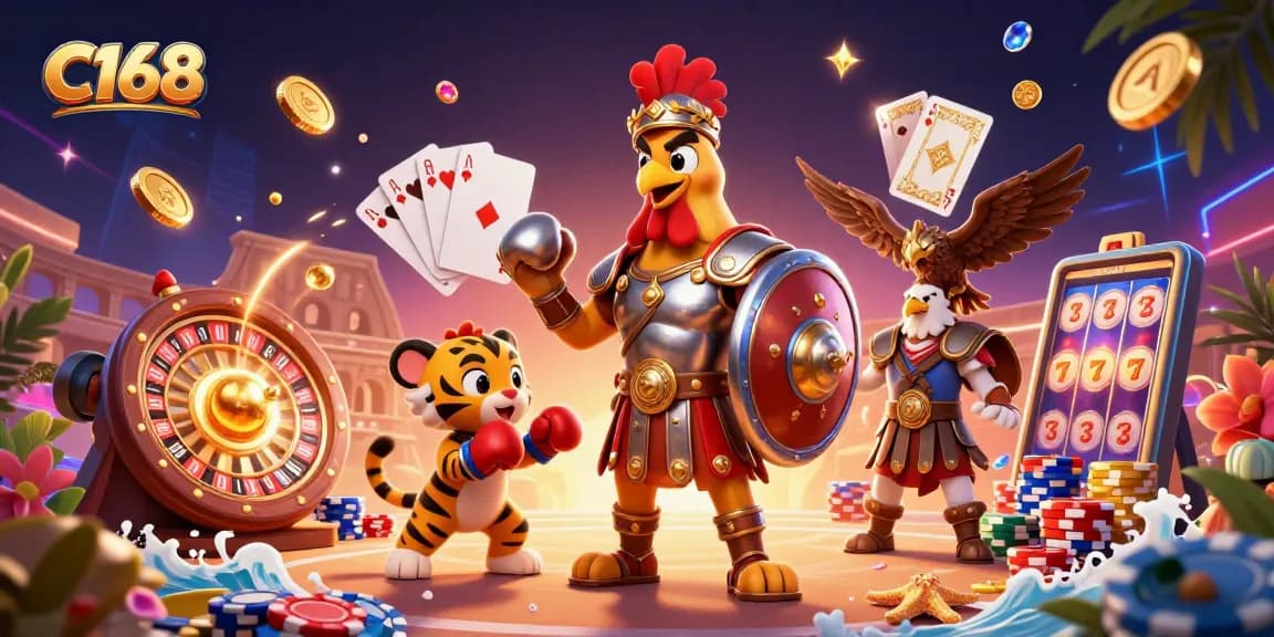 C168 offers an exciting gaming experience featuring an epic rooster gladiator, showcasing thrilling casino action.