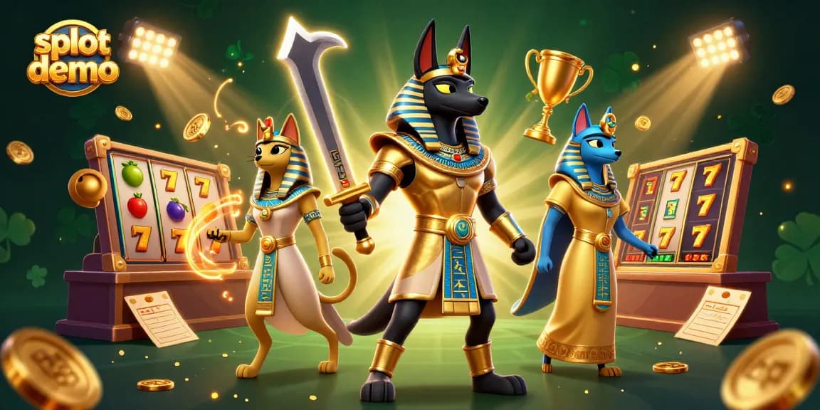 Play engaging slot demo games with ancient Egyptian characters amidst vibrant reels and coins.