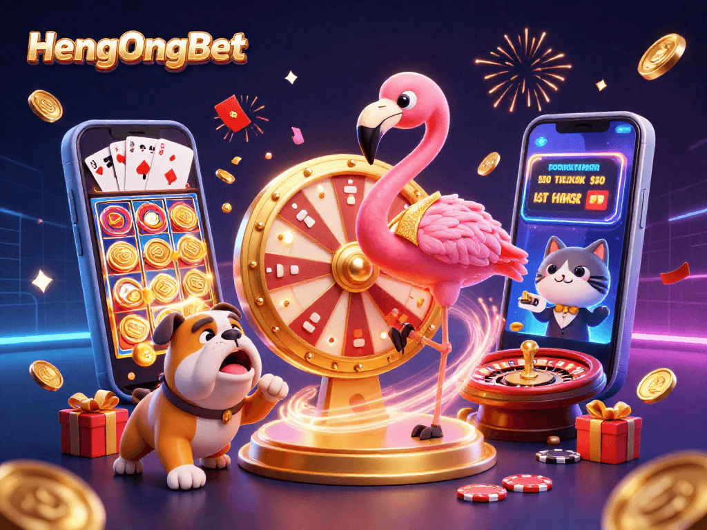 Engage in thrilling gameplay with HengOngBet's 3D cartoon casino characters amid a prize-spinning scene.