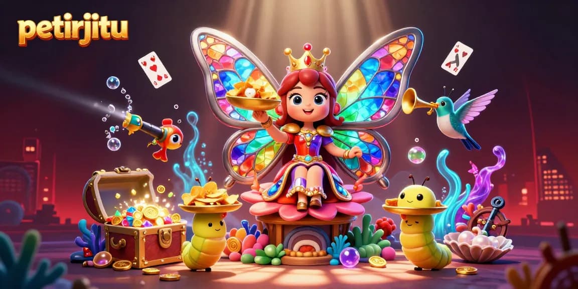 Petirjitu menghadirkan ilustrasi kasino 3D penuh warna dengan karakter ratu kupu-kupu dan elemen permainan yang kaya.